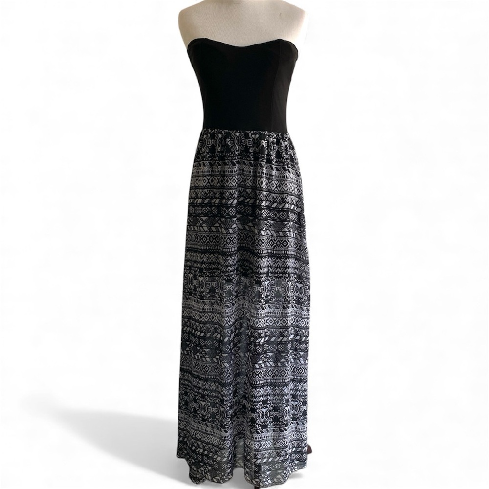 Y2K Wet Seal Dress Large Maxi Black White Strapless Festival Boho Geometric 90’s